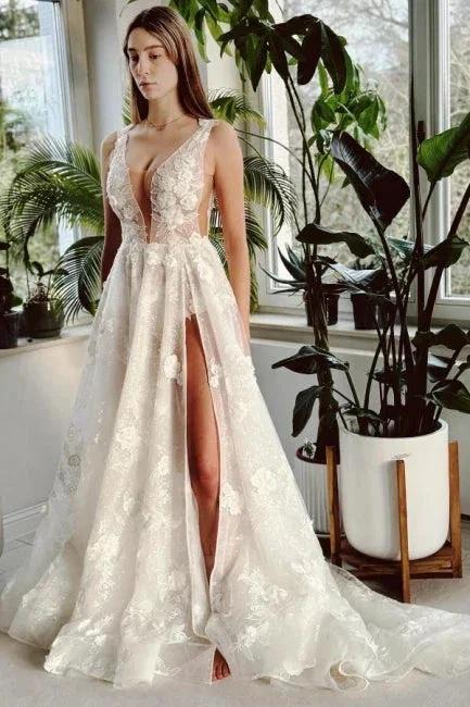 Sexy Long Ivory V-neck A-line Split Front Sleeveless Wedding Dress with Lace (ZD15563)