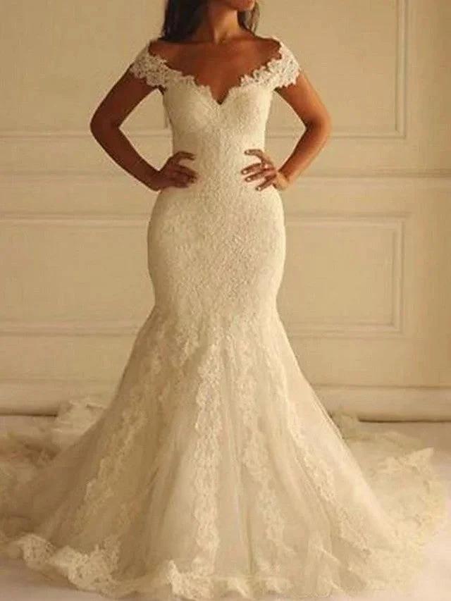 Sexy Long Mermaid Off the Shoulder Lace Wedding Dresses (ZD15965) - VelvetHem