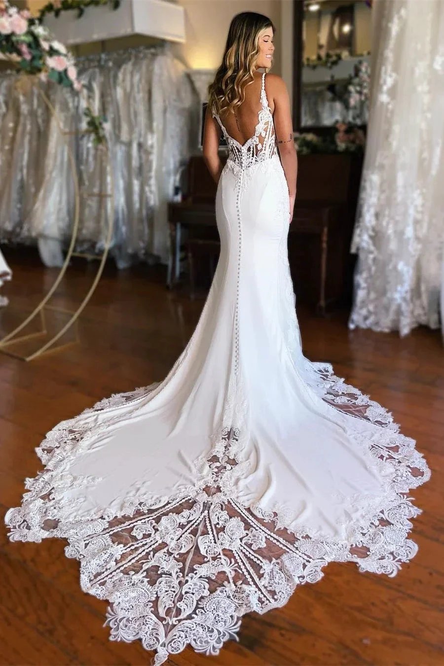 Sexy Long Mermaid Spaghetti Straps Lace Backless Wedding Dress With Train (ZD14586)