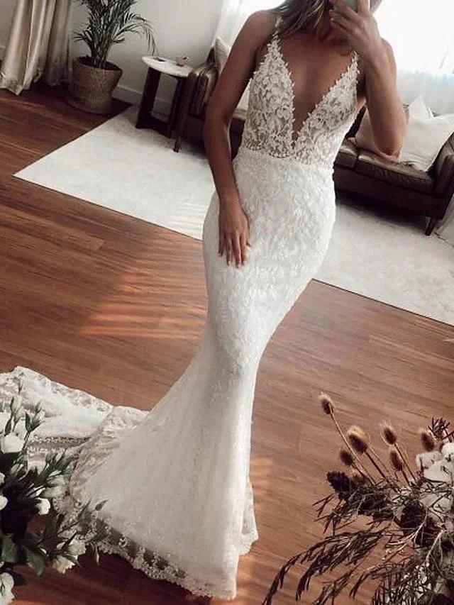 Sexy Long Mermaid V-neck Lace Tulle Wedding Dresses (ZD15936)