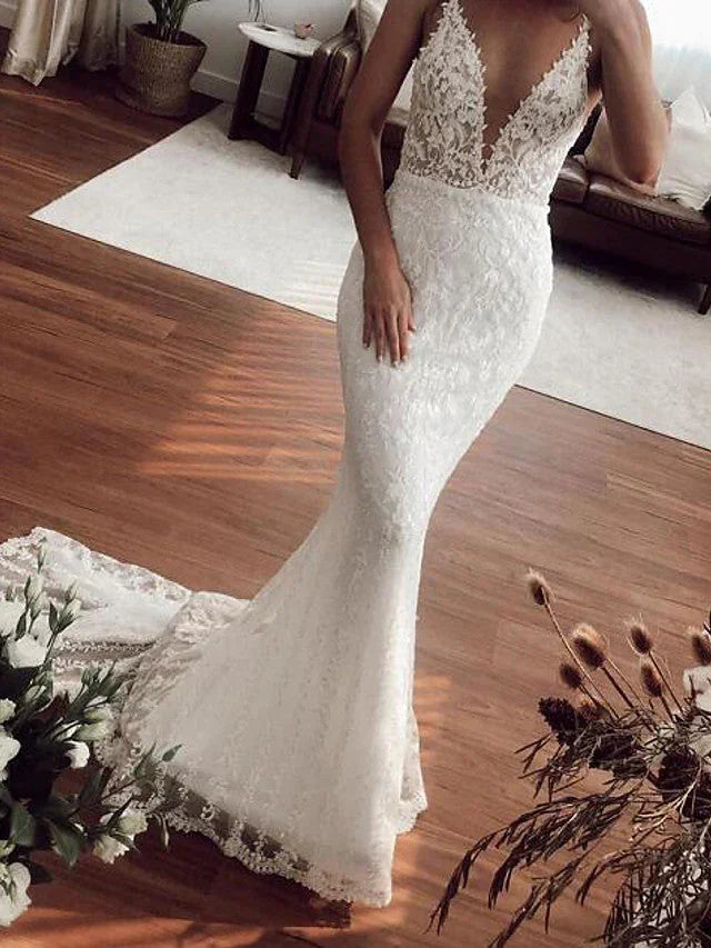 Sexy Long Mermaid V-neck Lace Tulle Wedding Dresses (ZD15936)