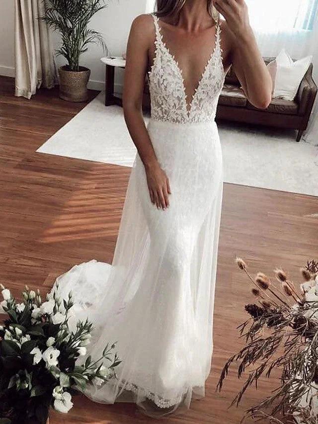 Sexy Long Mermaid V-neck Lace Tulle Wedding Dresses (ZD15936)