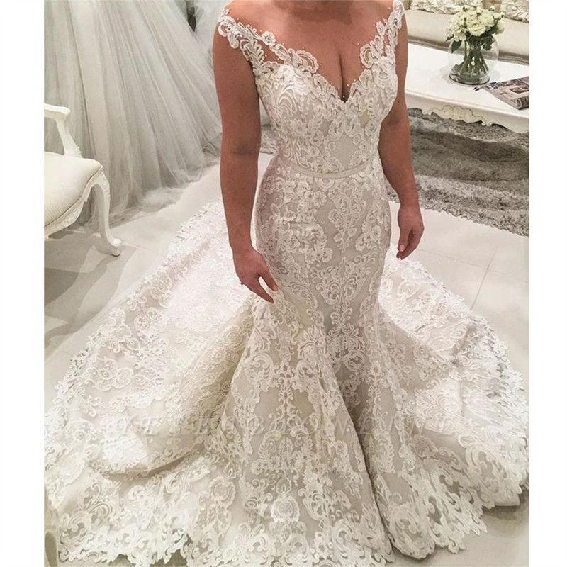 Sexy Long Mermaid V-neck Spaghetti Straps Appliques Lace Wedding Dress (ZD15137) - View 2 | VelvetHem