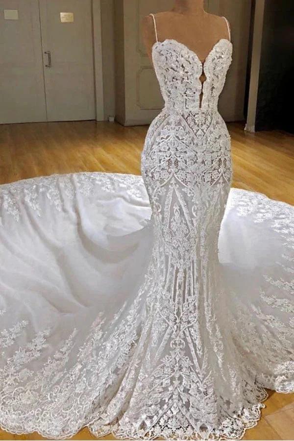 Sexy Long Mermaid V-neck Spaghetti Straps Appliques Lace Wedding Dress (ZD15982)