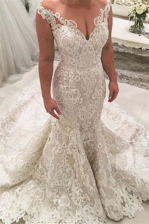 Sexy Long Mermaid V-neck Spaghetti Straps Appliques Lace Wedding Dress (ZD15137)