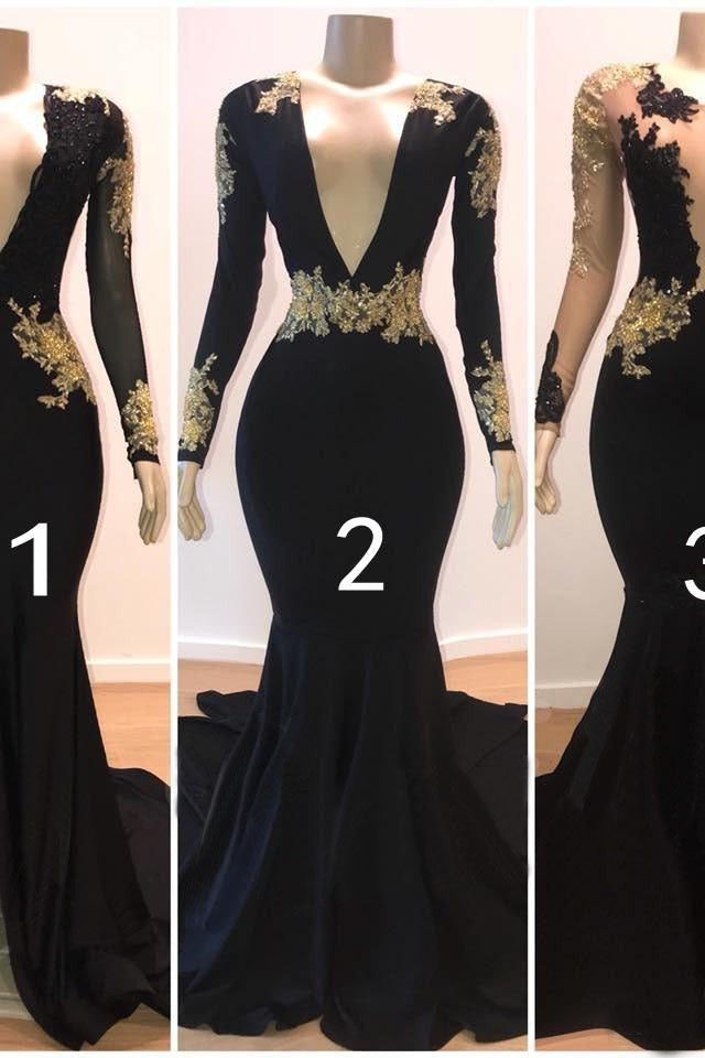 Sexy Long Sleeves Black Mermaid Prom Dress Sequins Long Deep V-Neck With Split