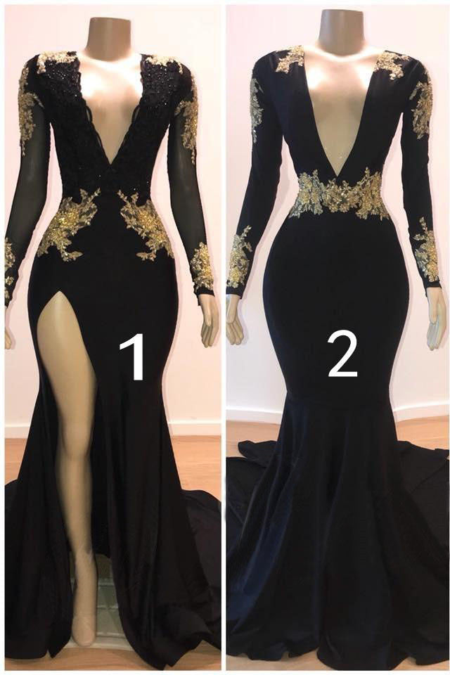 Sexy Long Sleeves Black Mermaid Prom Dress Sequins Long Deep V-Neck With Split