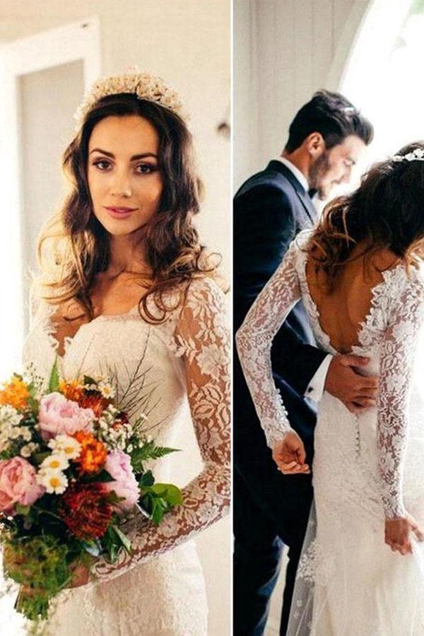 Sexy Mermaid Long Sleeves White Lace Wedding Dress (ZD15433)