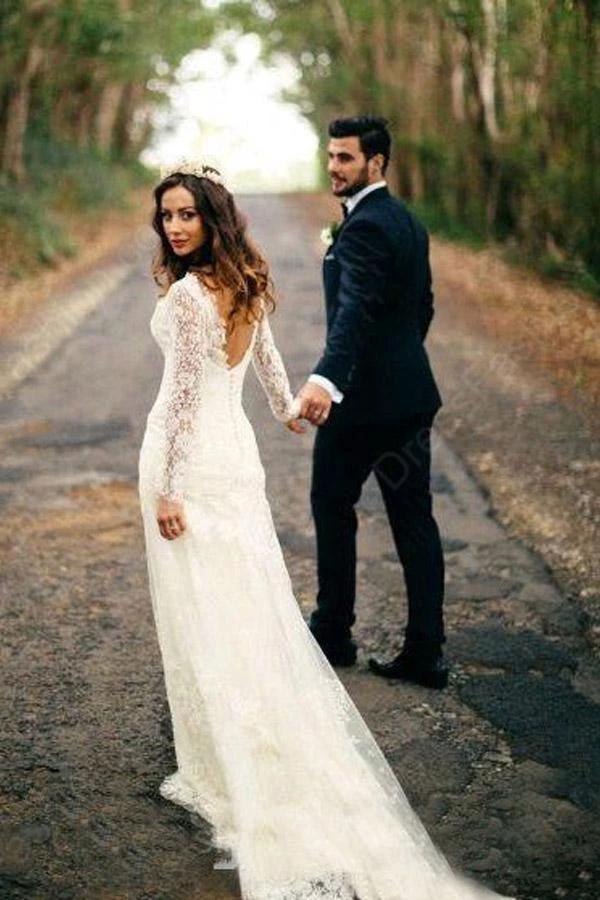 Sexy Mermaid Long Sleeves White Lace Wedding Dress (ZD15433)