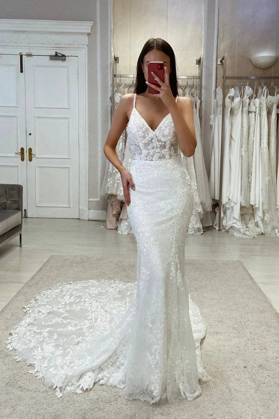 Sexy Mermaid V-neck Spaghetti Straps Lace Sleeveless Wedding Dress (ZD14555)