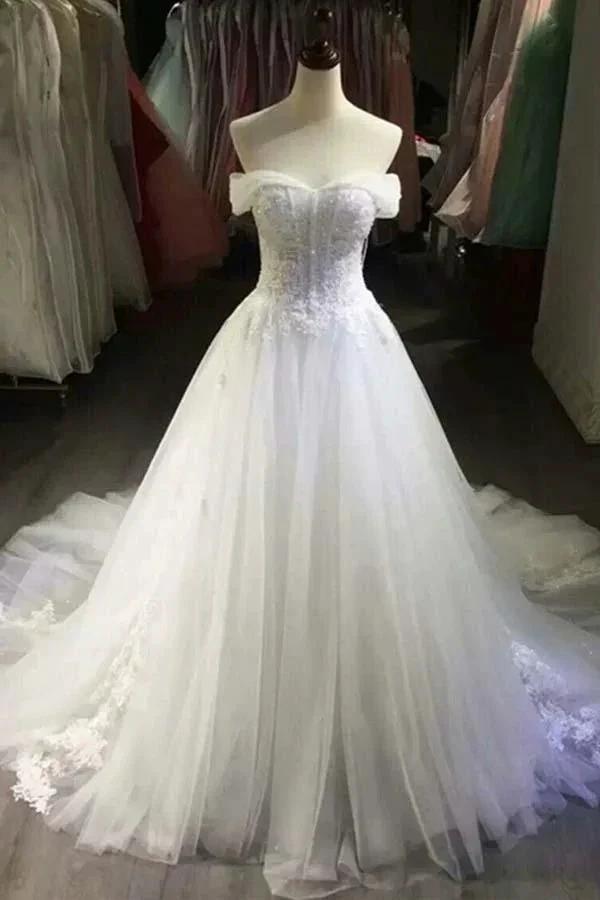 Sexy Off Shoulder White Tulle Wedding Dresses With Applique (ZD15432)