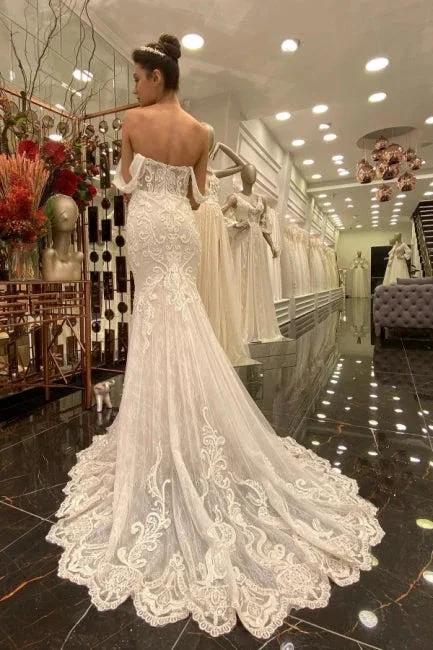 Sexy Off-the-shoulder Sleeveless Mermaid Floor-Length Lace Wedding Dresses with Brush Train (ZD14679) - View 2 | VelvetHem