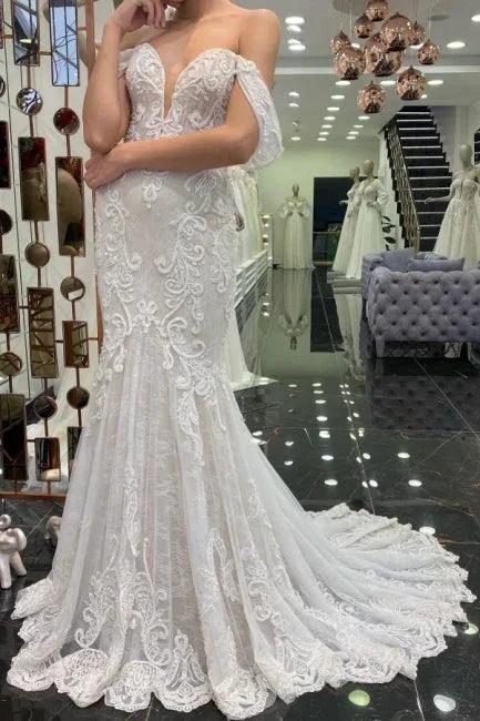 Sexy Off-the-shoulder Sleeveless Mermaid Floor-Length Lace Wedding Dresses with Brush Train (ZD14679) - VelvetHem