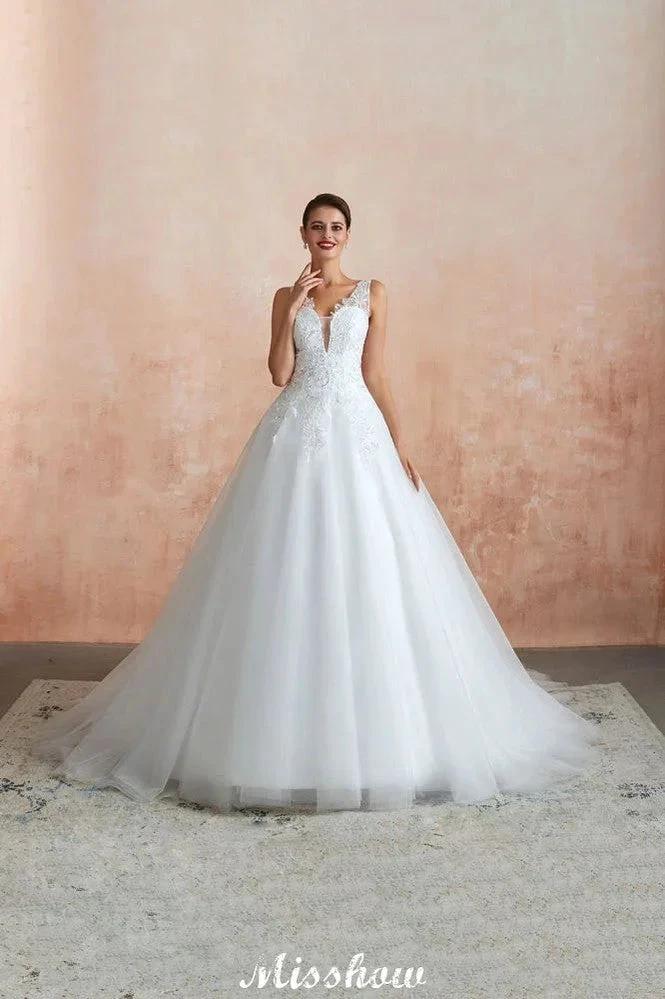 Sexy Pluging V-Neck Wedding Dress Sheer Lace Aline Bridal Gown (ZD13971)