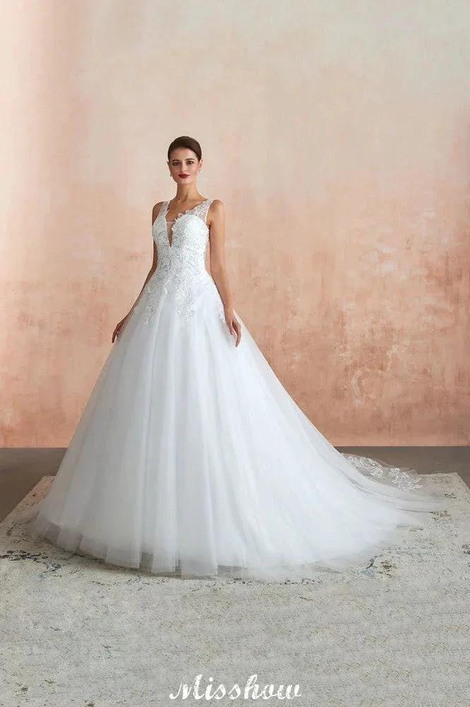 Sexy Pluging V-Neck Wedding Dress Sheer Lace Aline Bridal Gown (ZD13971)
