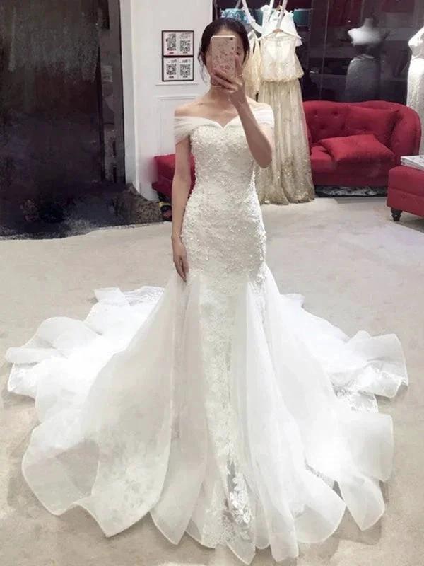 Sexy Pretty Mermaid Off-the-shoulder Chapel Train Lace Applique Elegant Wedding Dresses (ZD14729)