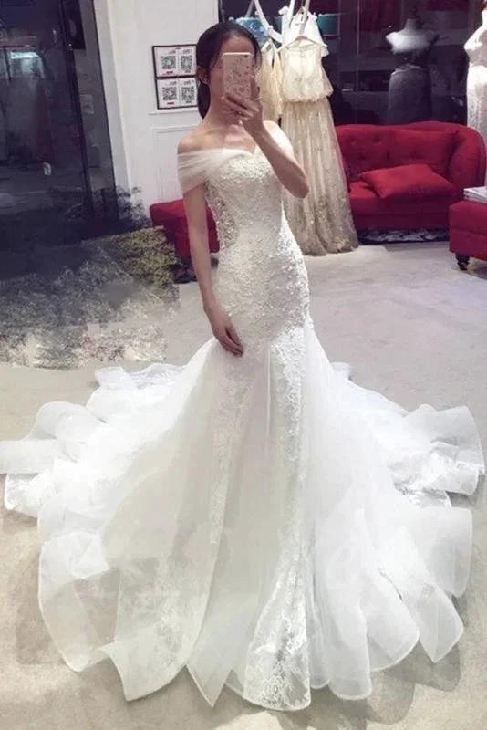 Sexy Pretty Mermaid Off-the-shoulder Chapel Train Lace Applique Elegant Wedding Dresses (ZD14729)