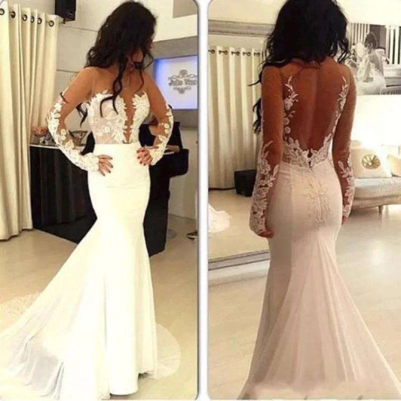Sexy Pretty Mermaid Open Back Long Sleeve Elegant Wedding Dresses (ZD16468)