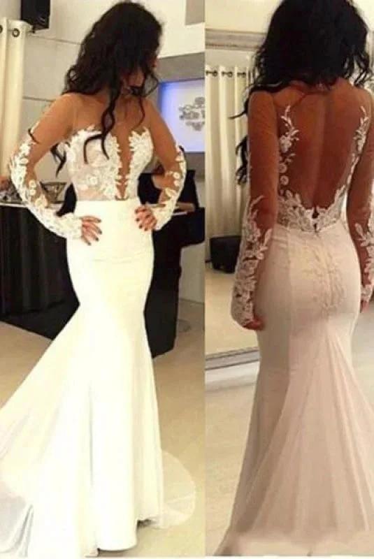 Sexy Pretty Mermaid Open Back Long Sleeve Elegant Wedding Dresses (ZD16468)