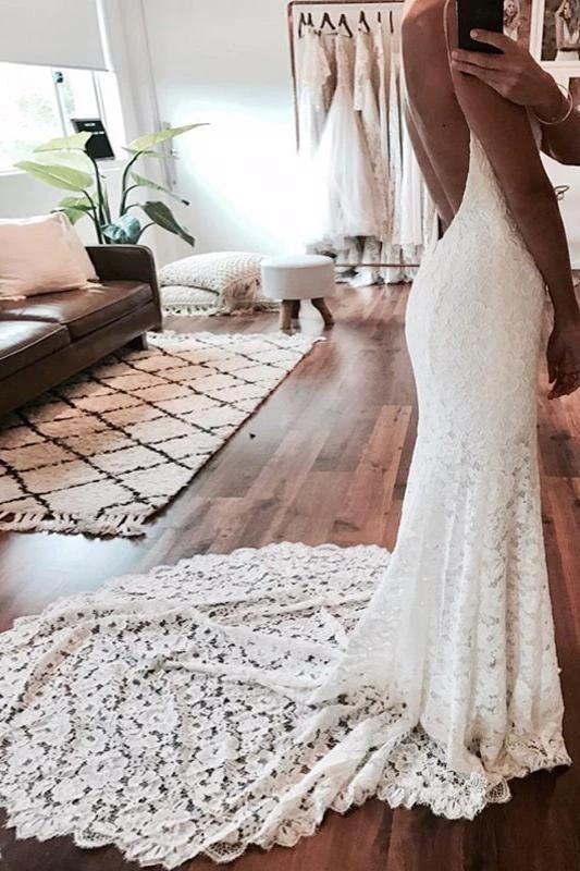 Sexy Pretty Mermaid Spaghetti Straps Backless Beach Lace Elegant Wedding Dresses (ZD14722)