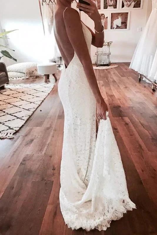 Sexy Pretty Mermaid Spaghetti Straps Backless Beach Lace Elegant Wedding Dresses (ZD14722)