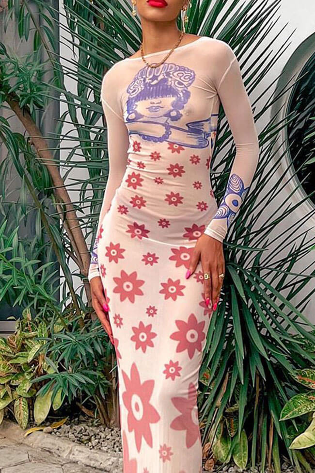 Stylish Printed Crew Neck Long Sleeve Open Back Bodycon Sheer Maxi Dress - Apricot