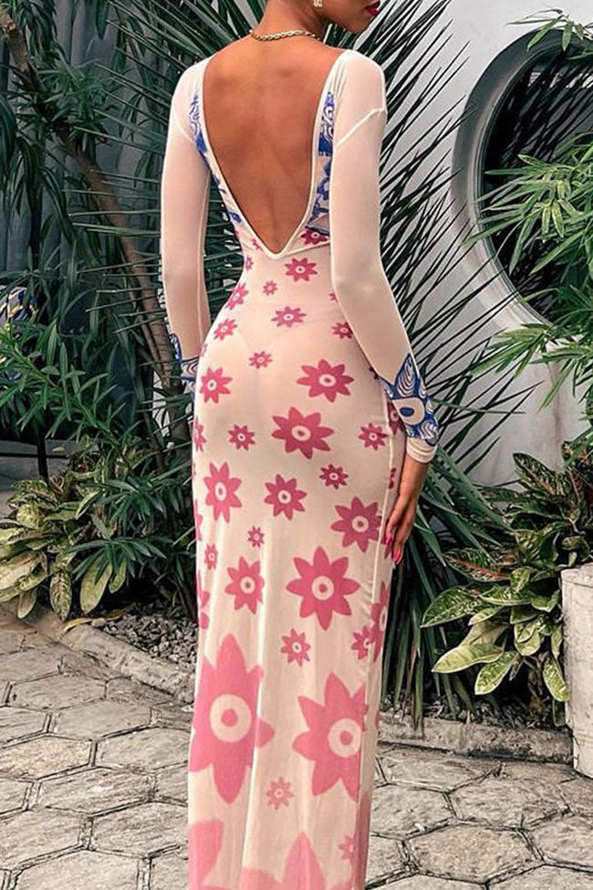 Stylish Printed Crew Neck Long Sleeve Open Back Bodycon Sheer Maxi Dress - Apricot