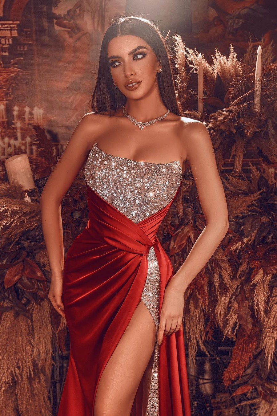 Sexy Red Front Slit Chiffon Evening Dress Strapless Sequins Long