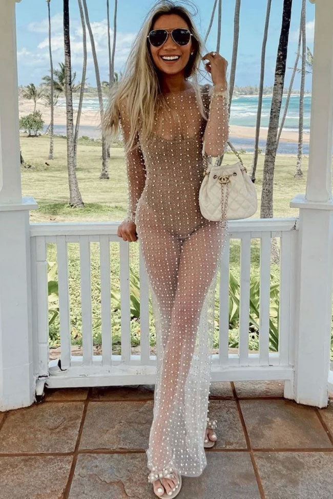 Alluring Round Neck Long Sleeve Faux Pearl Split Sheer Mesh Maxi Dress - Nude