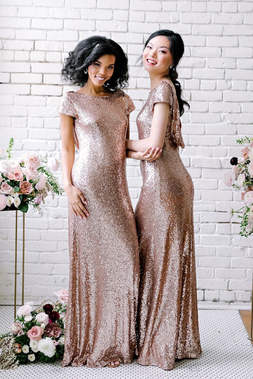 Sexy Sequined Bridesmaid Dresses Rose Gold Long Wedding Guest Dresses (ZD12868)