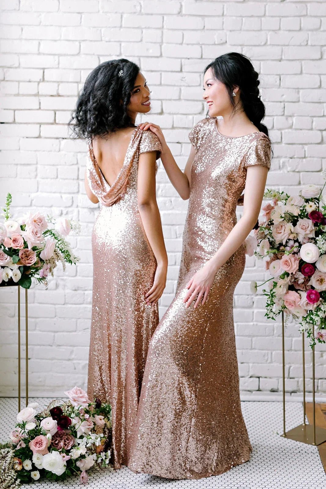 Sexy Sequined Bridesmaid Dresses Rose Gold Long Wedding Guest Dresses (ZD12868)