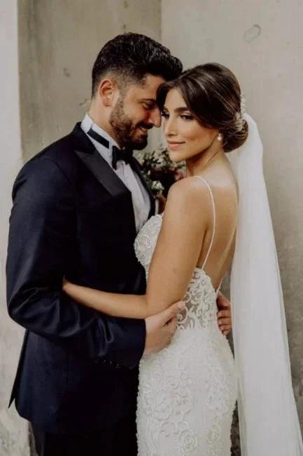 Sexy Spaghetti Strap Sleeveless Mermaid Lace Wedding Dresses with Chapel Train (ZD14676)