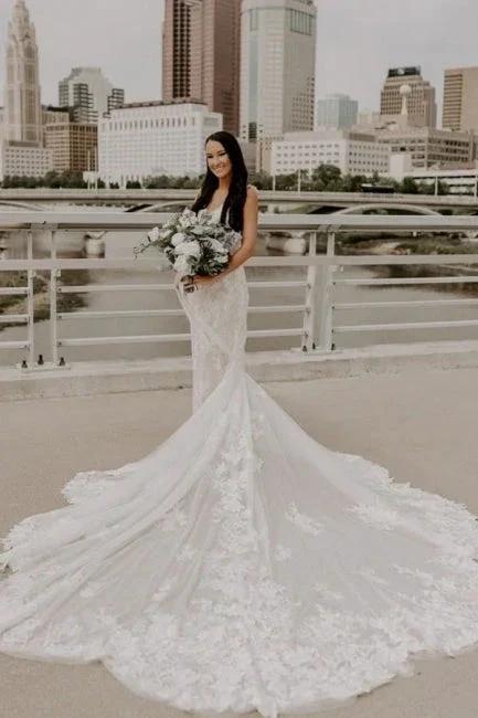 Sexy Spaghetti Strap Sleeveless Mermaid Lace Wedding Dresses with Court Train (ZD14673)