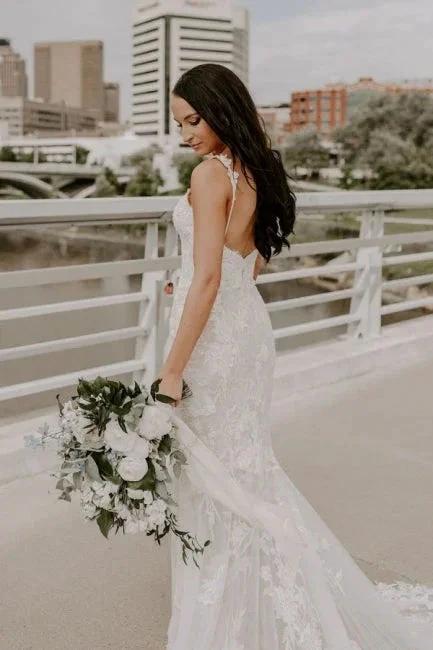 Sexy Spaghetti Strap Sleeveless Mermaid Lace Wedding Dresses with Court Train (ZD14673) - VelvetHem