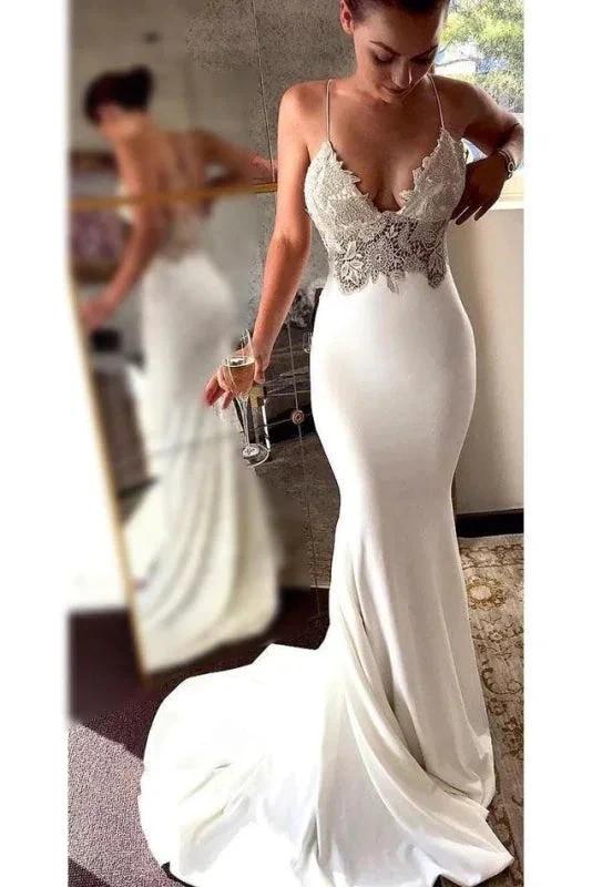 Sexy Spaghetti Straps Pretty Mermaid Long Beach Elegant Wedding Dresses with Lace (ZD16574)