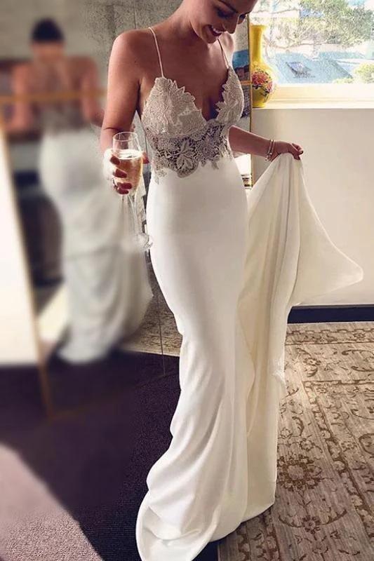 Sexy Spaghetti Straps Pretty Mermaid Long Beach Elegant Wedding Dresses with Lace (ZD16574) - VelvetHem