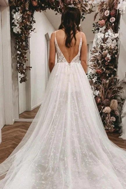 Sexy Spaghetti Straps Sleeveless A-Line Lace Wedding Dresses (ZD14652) - View 2 | VelvetHem