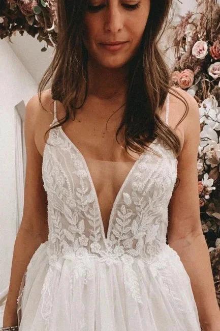 Sexy Spaghetti Straps Sleeveless A-Line Lace Wedding Dresses (ZD14652)