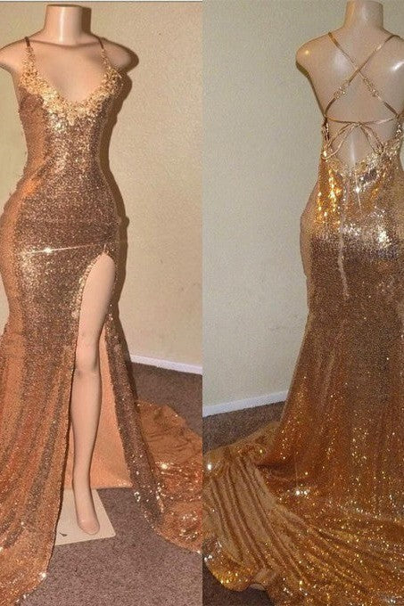 Sexy Spaghetti Straps V-Neck Mermaid Prom Dress Sequins Long Chiffon Gold With Split