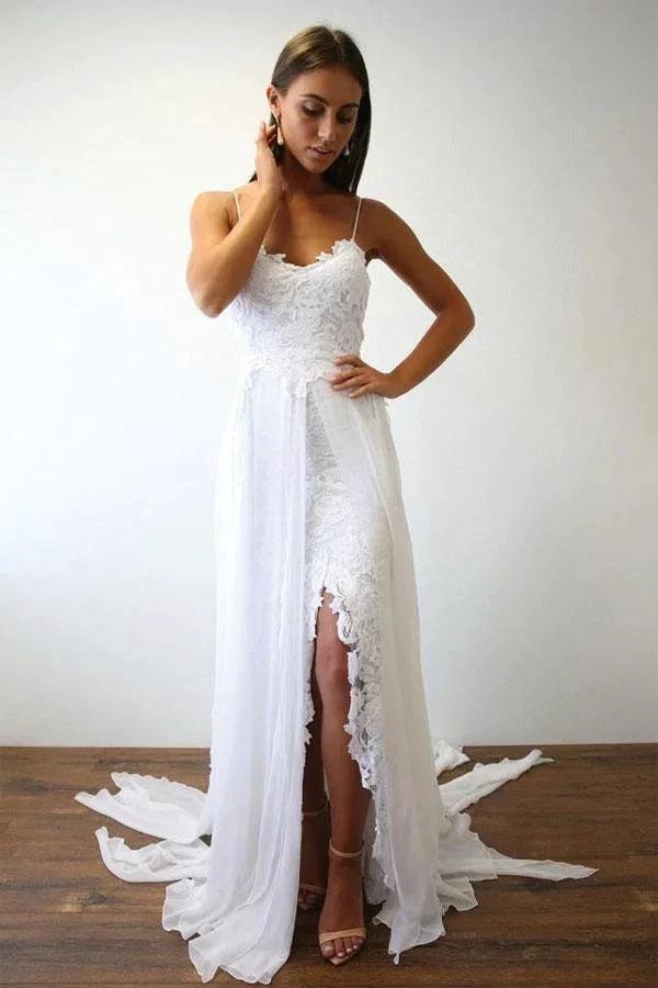 Sexy Spaghetti Straps White Long Beach Wedding Dress (ZD16329)