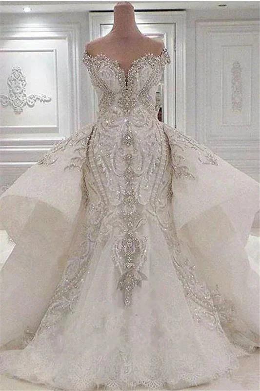 Sexy Strapless Crystals Mermaid Wedding Dresses with Overskirt Long Train (ZD14696)