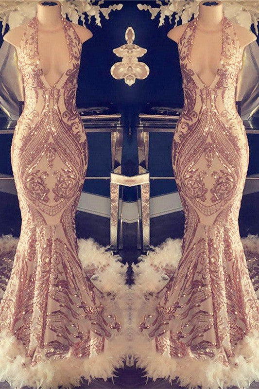 Sexy V-neck Halter Mermaid Prom Dress Gold Sequins Long Backless