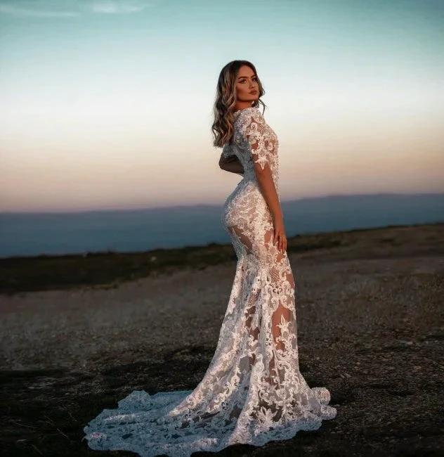 Sexy V-neck Mermaid Lace Wedding dresses with Sleeves (ZD14693)