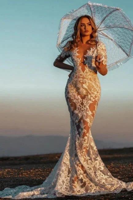 Sexy V-neck Mermaid Lace Wedding dresses with Sleeves (ZD14693) - VelvetHem