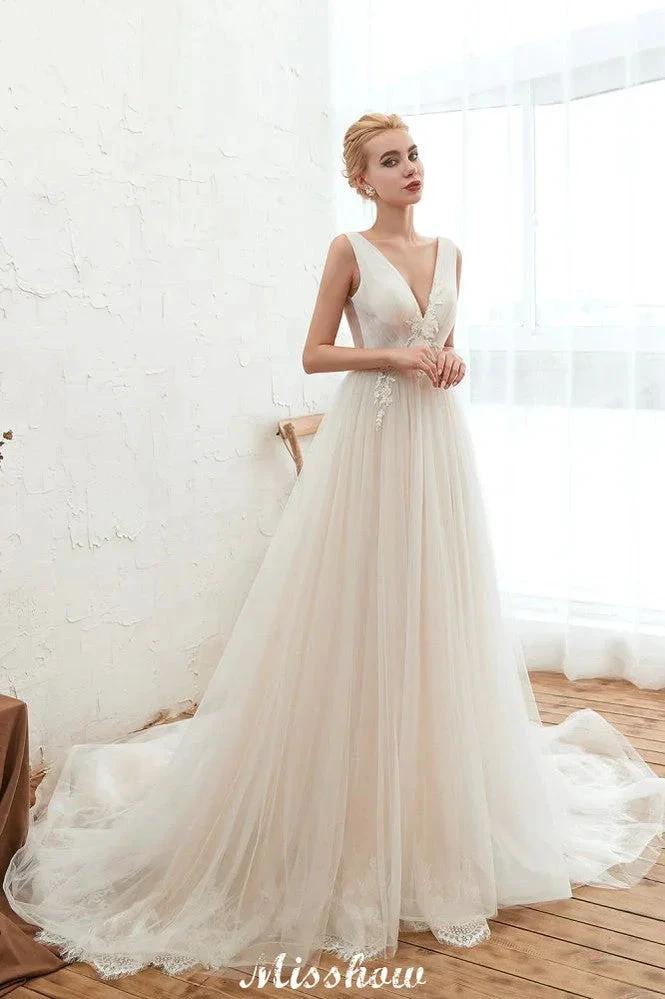 Sexy V-neck Princess Tulle Wedding Dress with Lace Appliques (ZD13979) - View 3 | VelvetHem