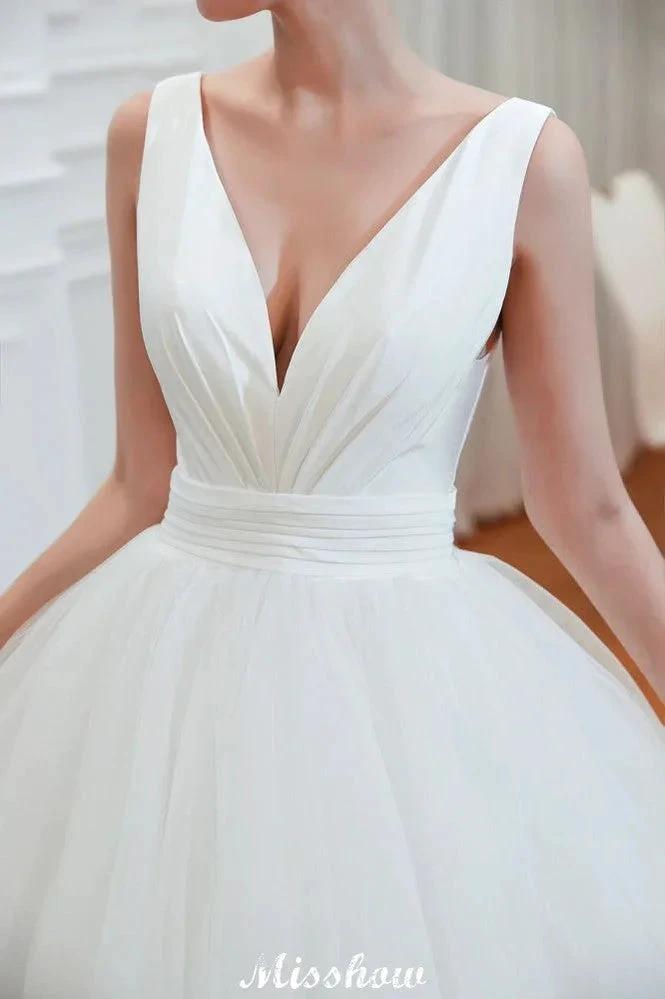 Sexy V-Neck Sleeveless Princess Spring Wedding Dress | White Low Back Bridal Gowns with Belt (ZD13982)