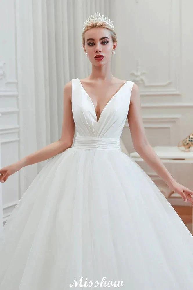 Sexy V-Neck Sleeveless Princess Spring Wedding Dress | White Low Back Bridal Gowns with Belt (ZD13982)