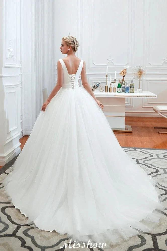 Sexy V-Neck Sleeveless Princess Spring Wedding Dress | White Low Back Bridal Gowns with Belt (ZD13982)