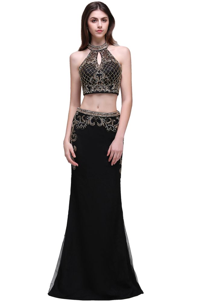 Sheath Crystal Halter Black Two Pieces Prom Dresses - View 2 | VelvetHem