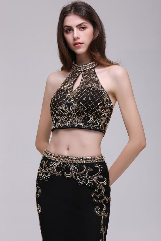 Sheath Crystal Halter Black Two Pieces Prom Dresses - View 6 | VelvetHem